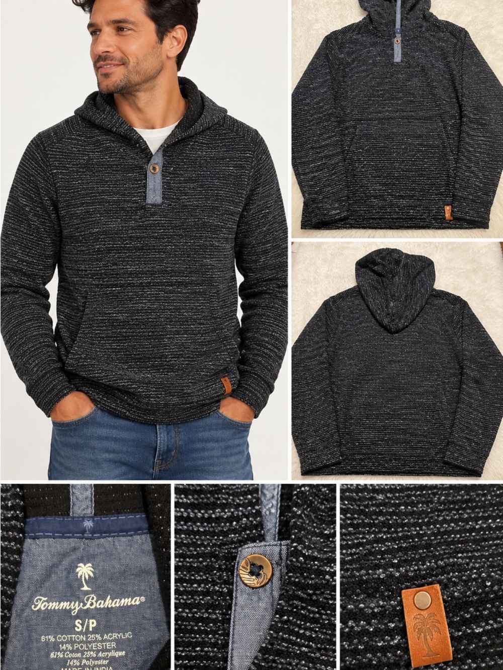 Tommy Bahama Navy Heather Knit Pullover Hoodie